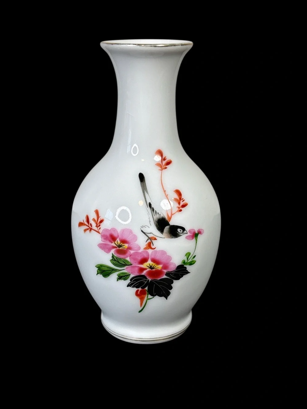 Vintage Chinese White Floral Bird Ceramic Bud Vase
